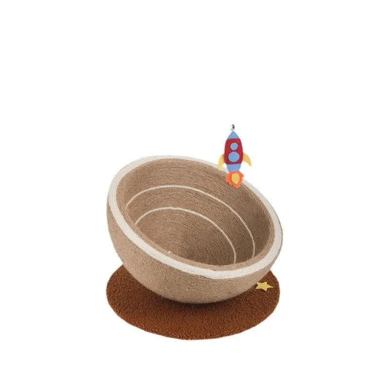 Large integrated cat scratching basin and bed with sisal rope surfaces and flannel fabric in starlight design