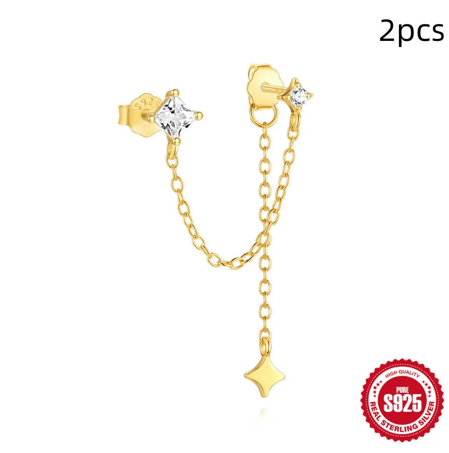 S925 sterling silver stud earrings with zircon stones and chain design for double piercing in golden colour