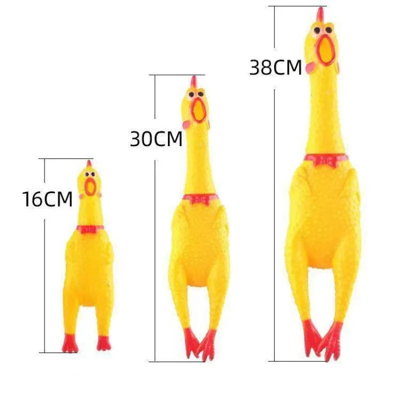 Yellow rubber screaming chicken dog squeak toy in three different sizes.