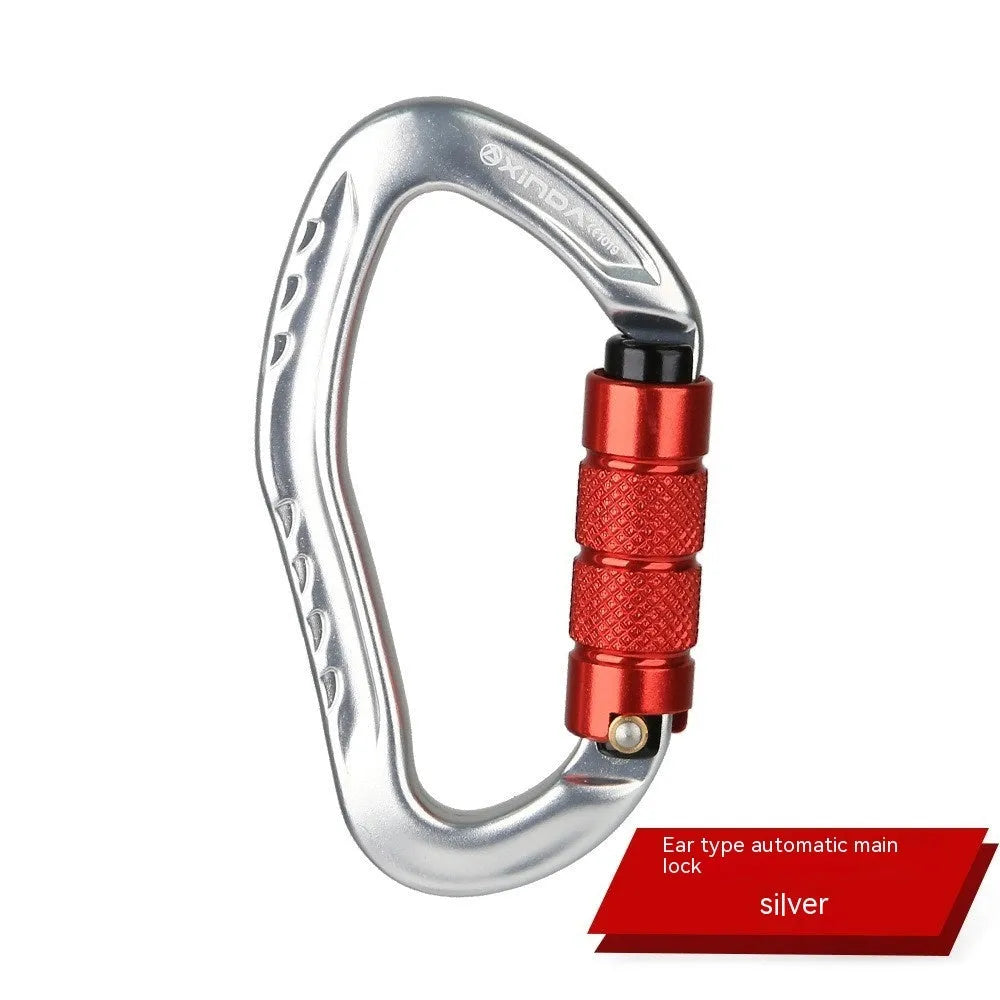 Automatic locking climbing carabiner hook in a selection of colours including black, blue, orange, red, and silver.