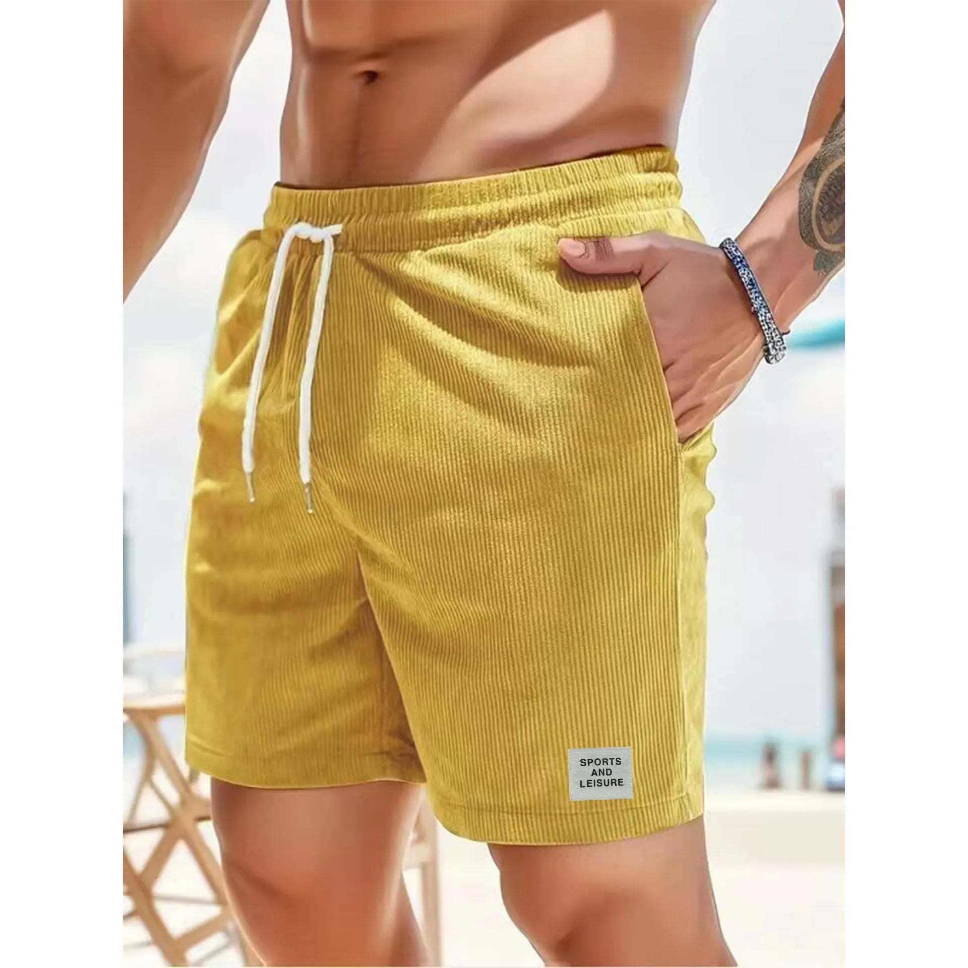 Summer pure colour tie-waist corduroy sports running pants for men and women in breathable polyester fibre