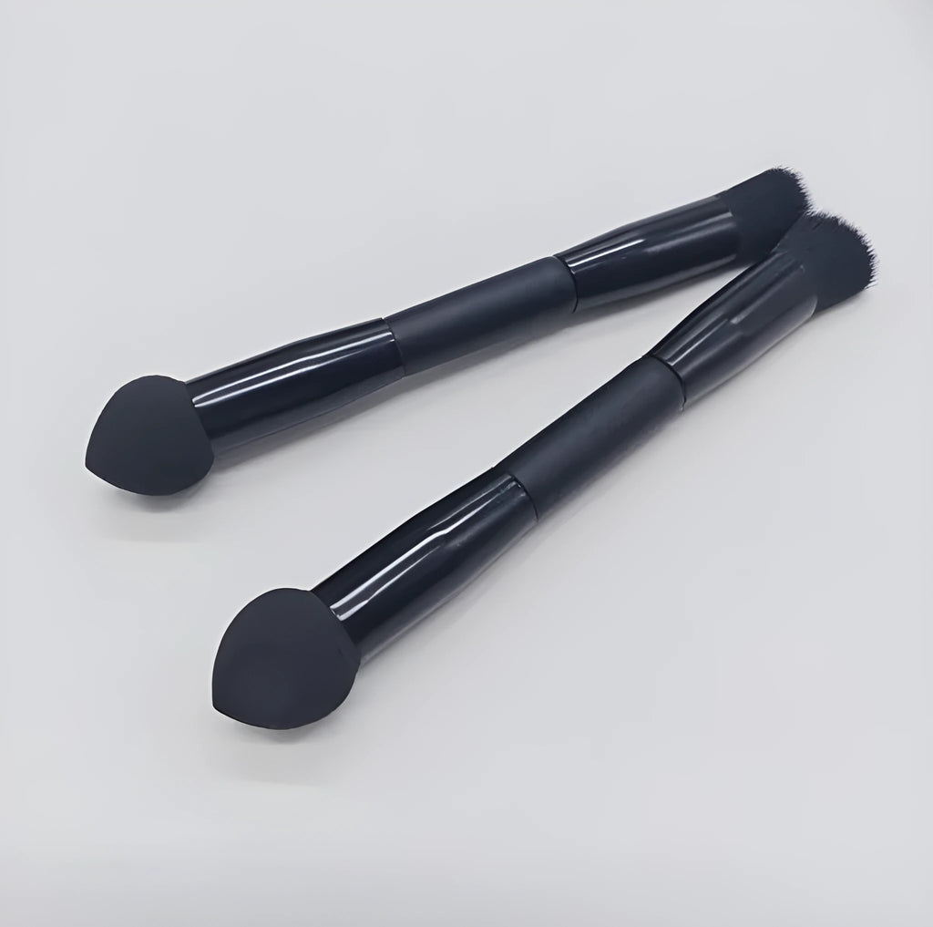 Double-headed miter sponge concealer brush with black wooden handle