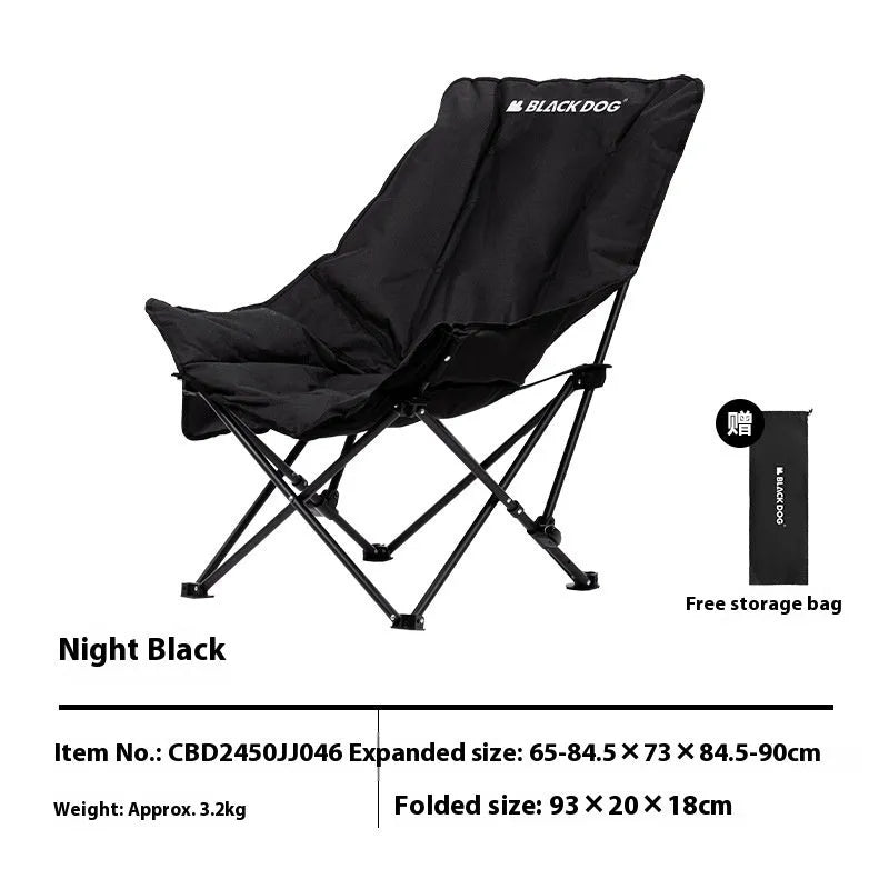 Night black folding moon chair with Oxford cloth seat shown folded and unfolded