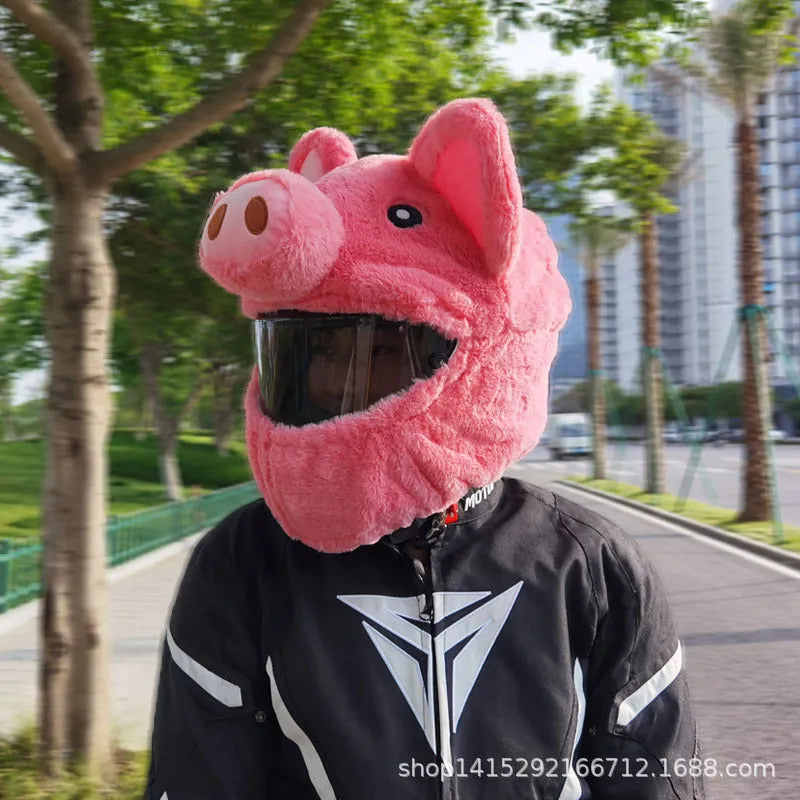 Cartoon design plush protective hood for motorcycle helmets in pink pig colour