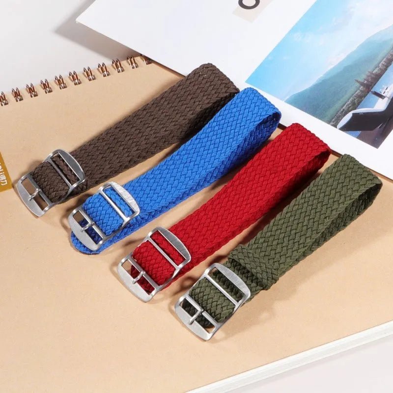 Woven nylon watchband in beige, 20mm width, with canvas-style finish on white background