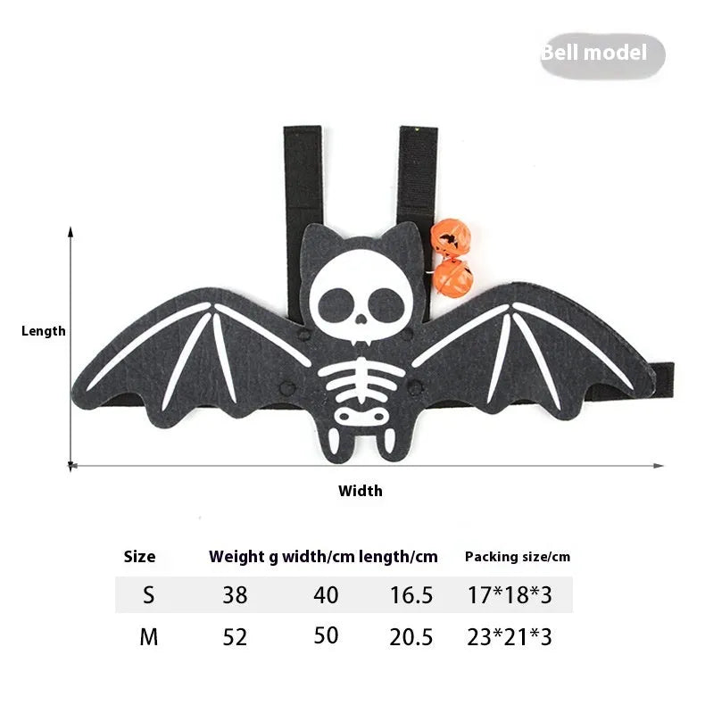 Halloween batwing costume for a cat or small dog made from orange and black felt.