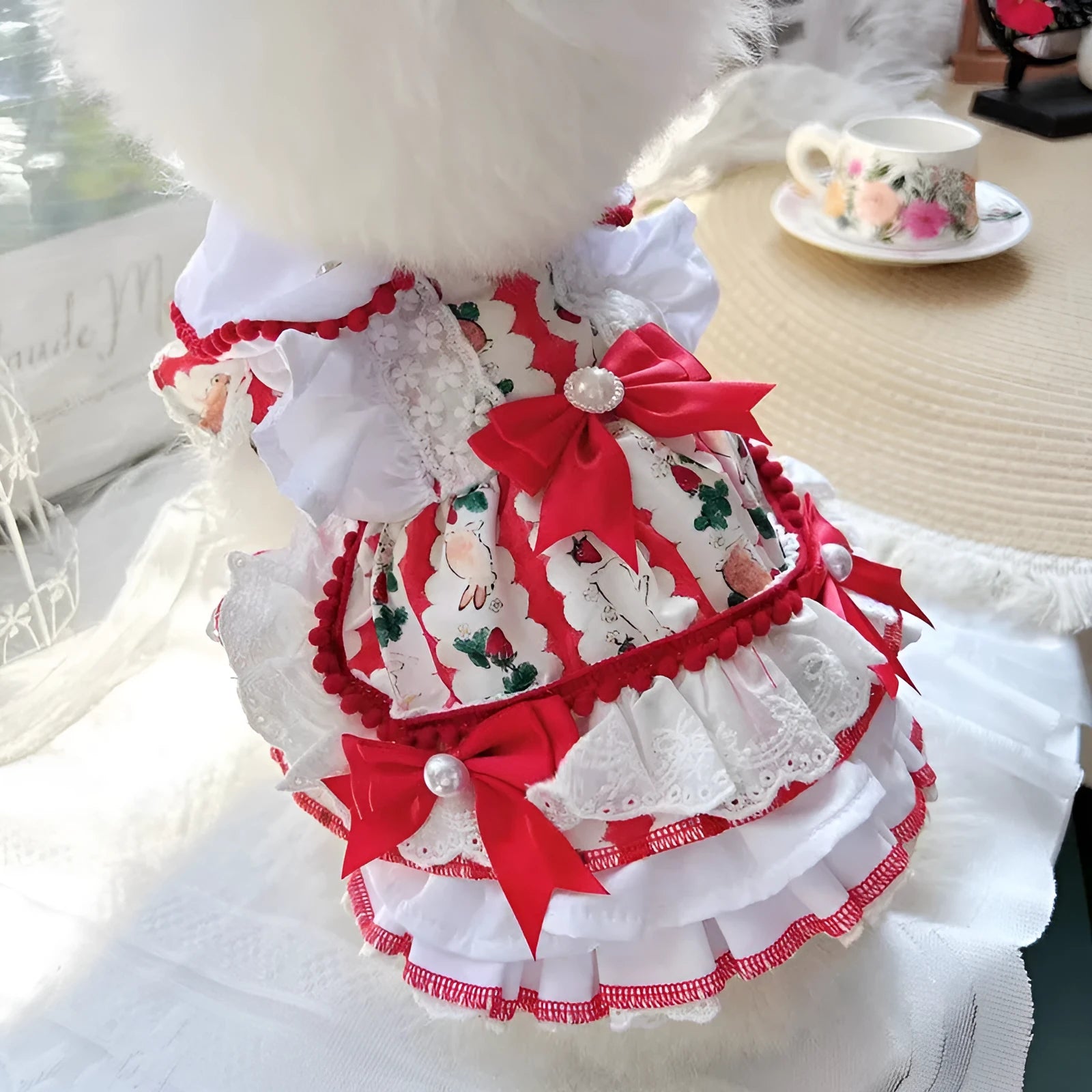 Rabbit skirt princess style polyester dress for small dogs on a size chart showing XS to XL measurements