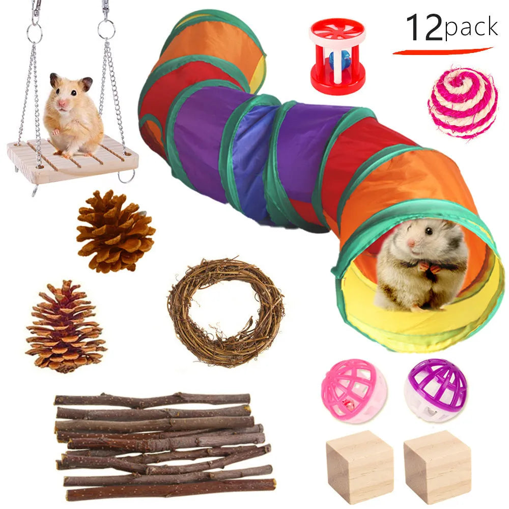 Assorted wooden chew toys for small pets including balls and mats on a natural background