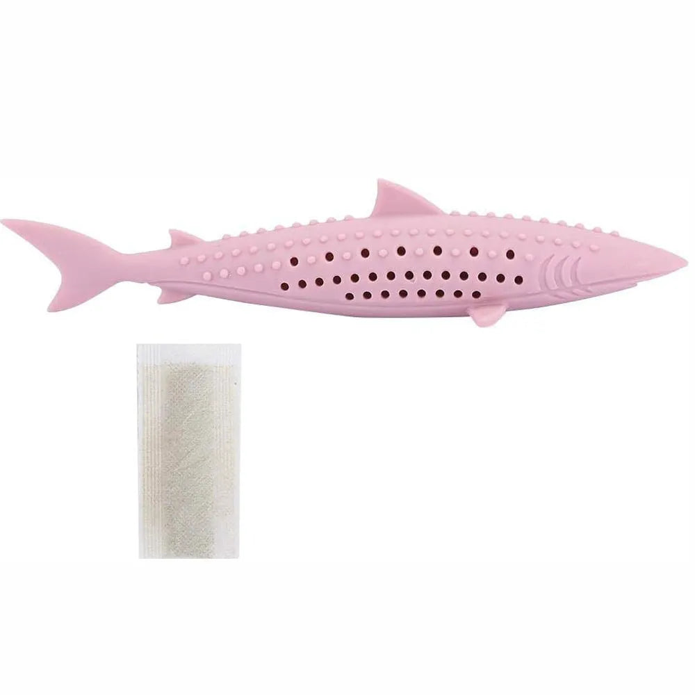 Green silicone fish-shaped interactive chew toy for cats with breathable side holes