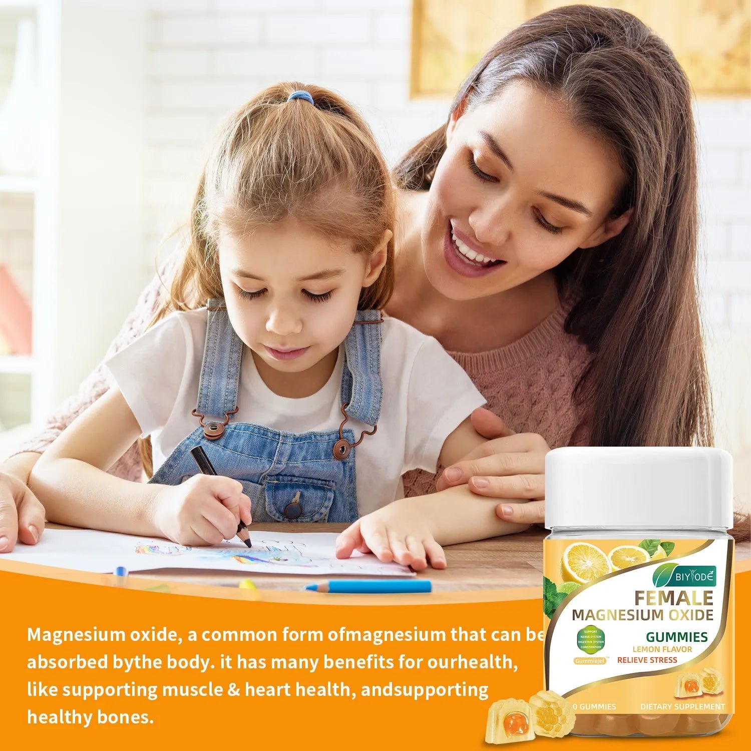 Bottle of lemon-flavoured magnesium oxide gummies supplement for stress relief and sleep support, 60 gummies per bottle