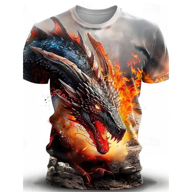 Men's grey T-shirt with a large, detailed 3D blue and white wind dragon print across the chest.