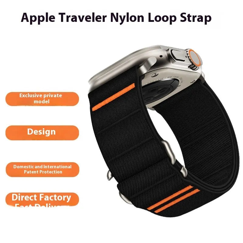 Elastic nylon sports watchband with stainless steel buckle for Apple Watch, shown in multiple colour options.