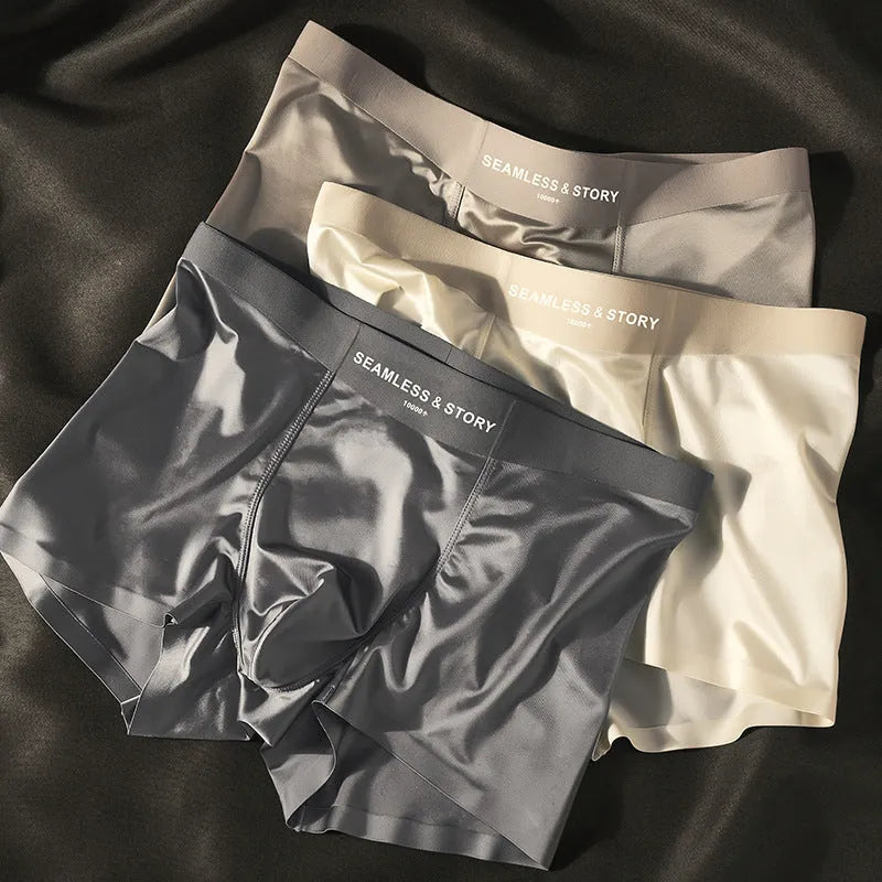 Men's ice silk satin underwear in mid waist traceless design, shown in coffee colour.