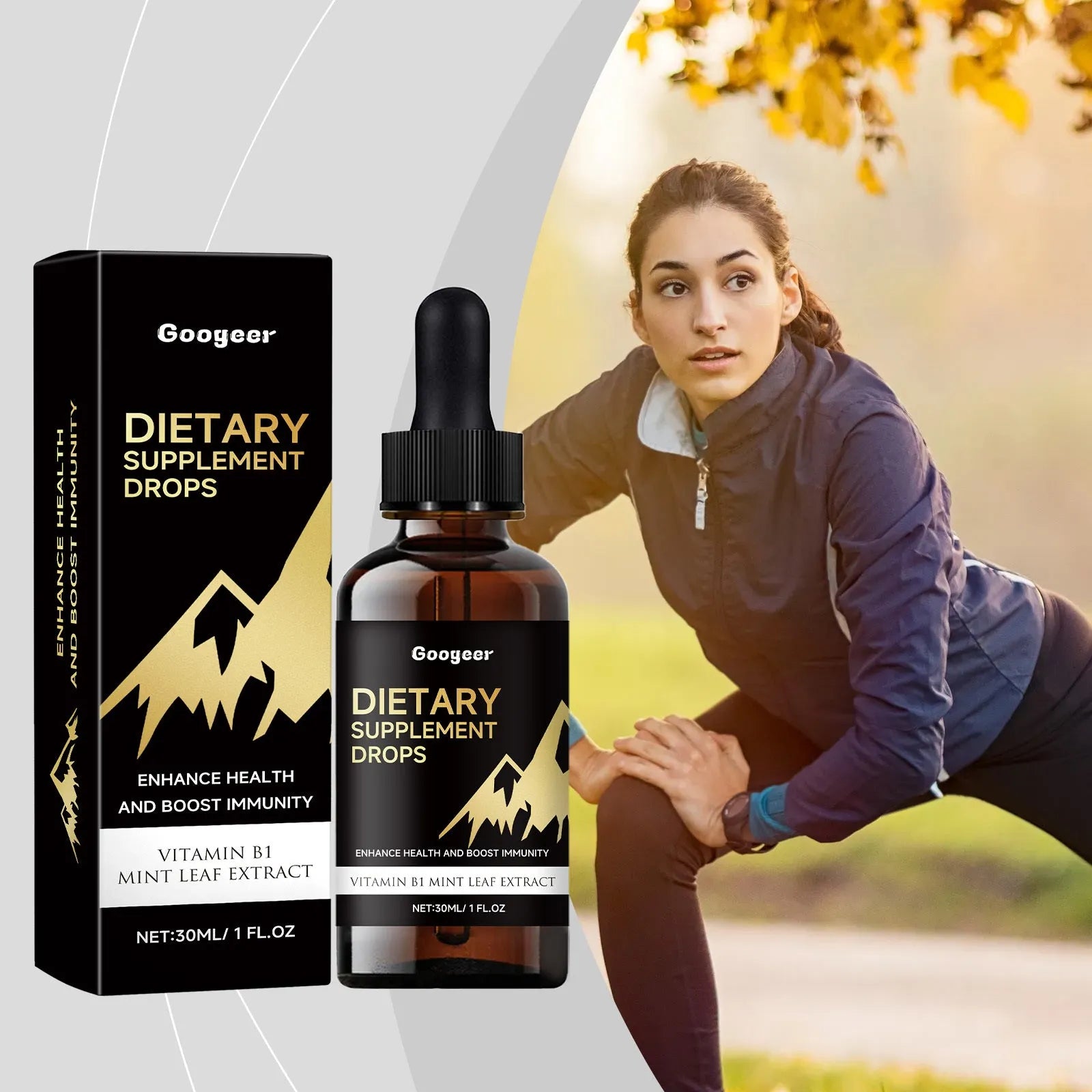 60ml glass bottle of clear dietary supplement drops with a black dropper top