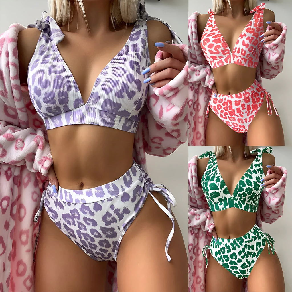 Women's purple leopard print sleeveless suit with lace-up chest top and high-waist shorts