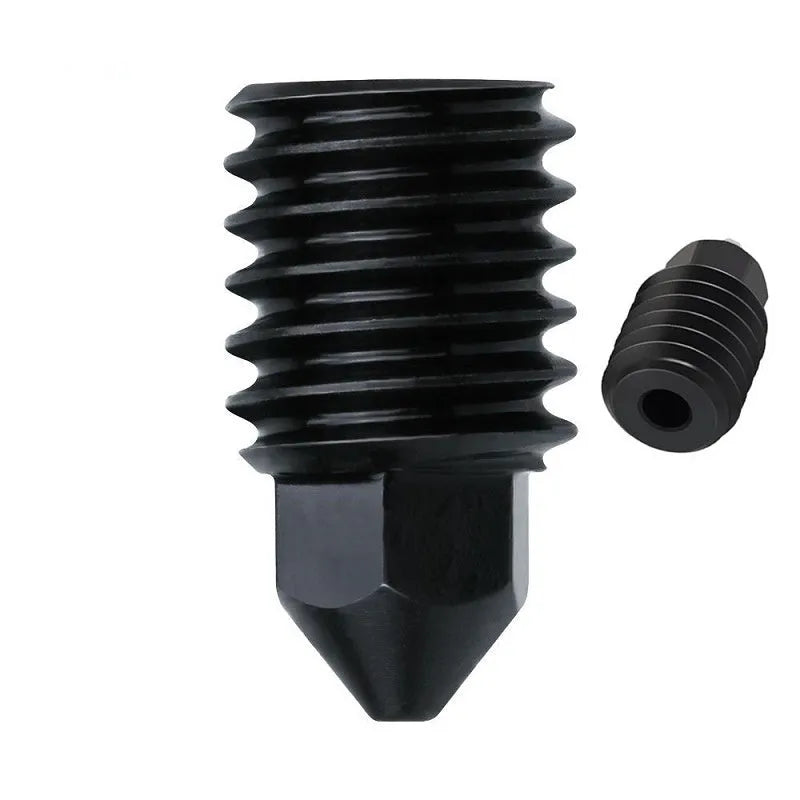 Bambu Lab A1 Mini 3D printer hot end assembly with black silicone sleeve and hardened steel nozzle.
