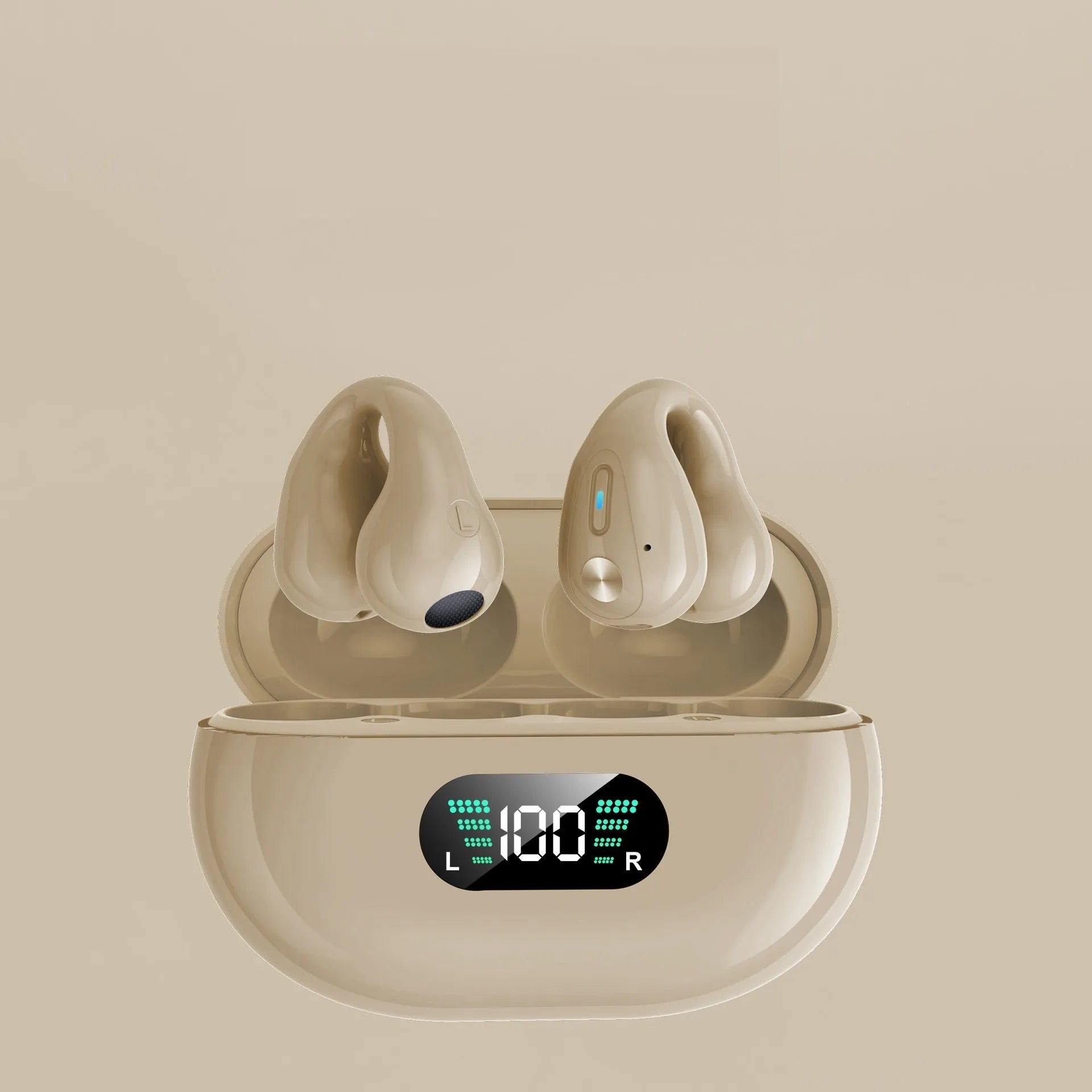 Q80 bone conduction Bluetooth headset clip in black, white, or khaki colour showing ear clip design.