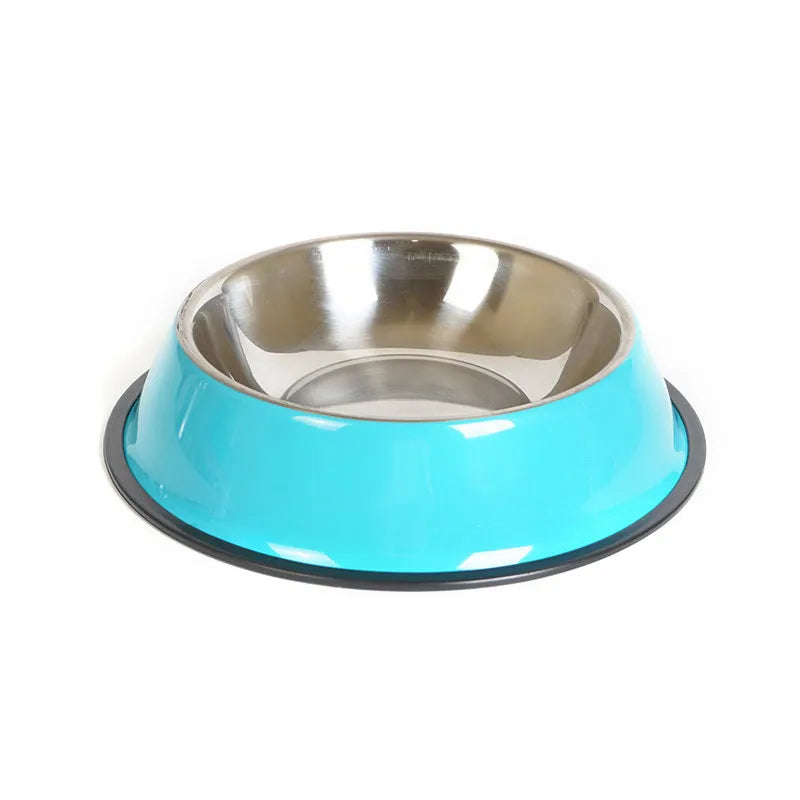 Stainless steel pet bowl with colourful melamine outer pot and non-slip rubber base