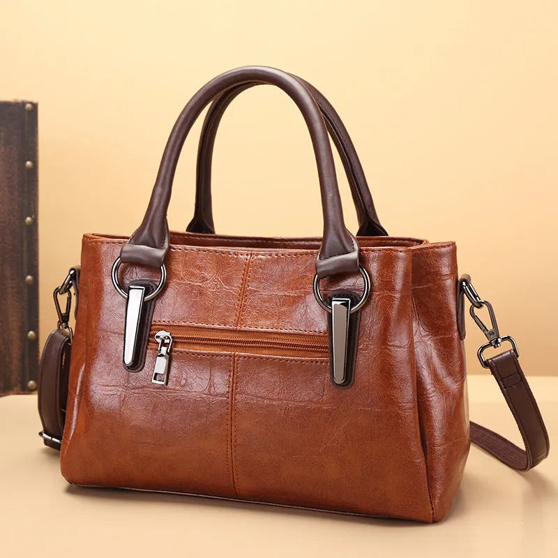 Horizontal square PU leather shoulder bag with single strap and open pocket in vintage brown colour