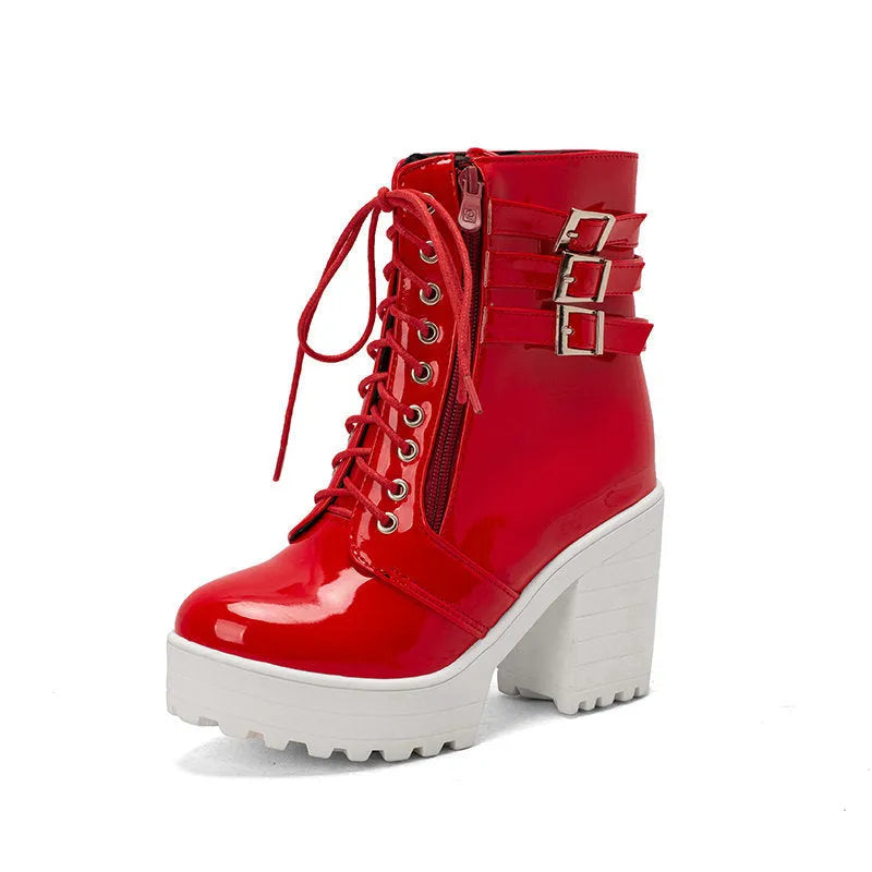 Women's black thick heel ankle boots with front lace-up and round toe