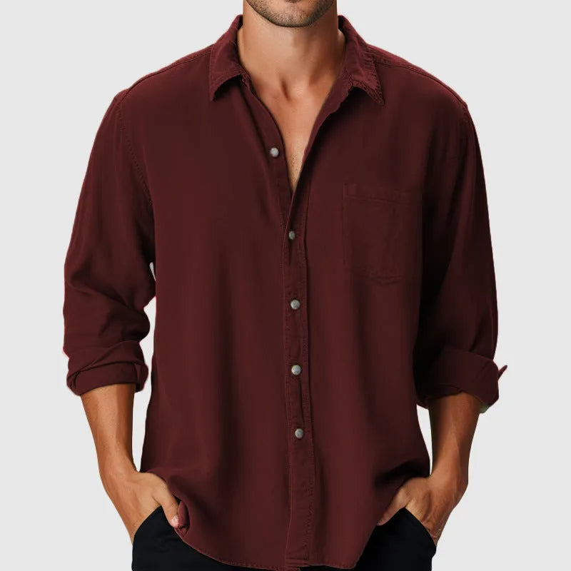 Men's pure colour beach holiday shirt with stand collar and long sleeves in loose polyester fit