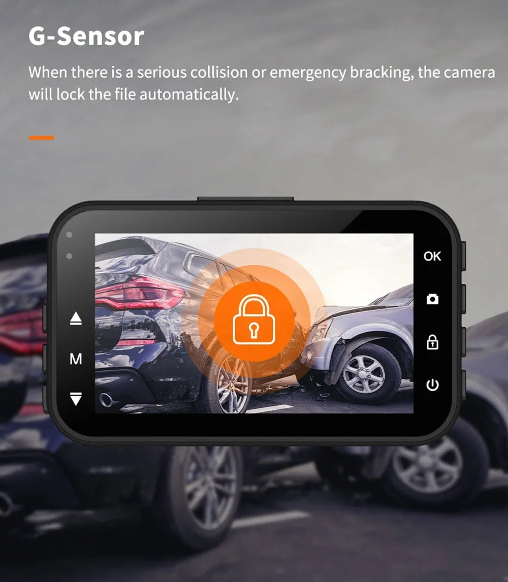 ThiEYE front and rear dash cam with 3-inch screen mounted on car windscreen