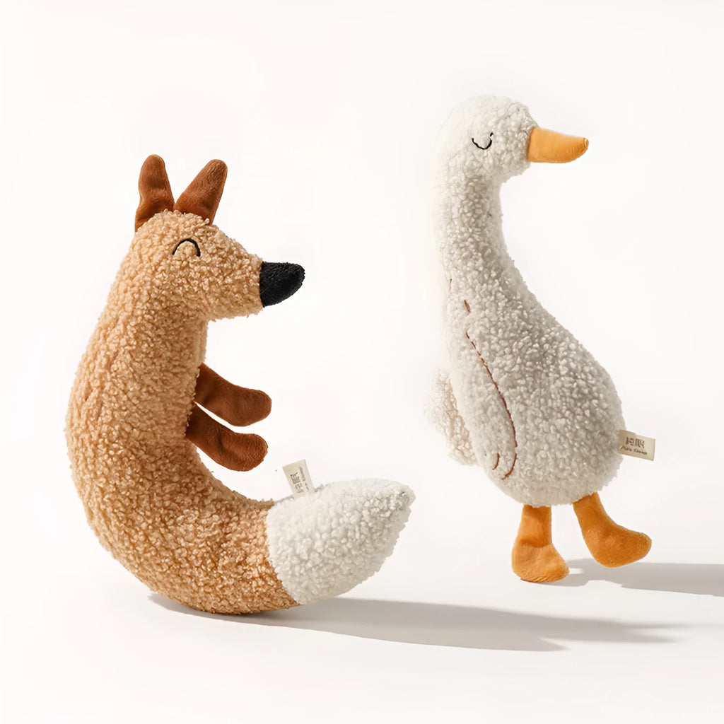Cartoon dog toy in Fox and Duckling designs with teddy velvet fabric and sound paper for bite-resistant grinding