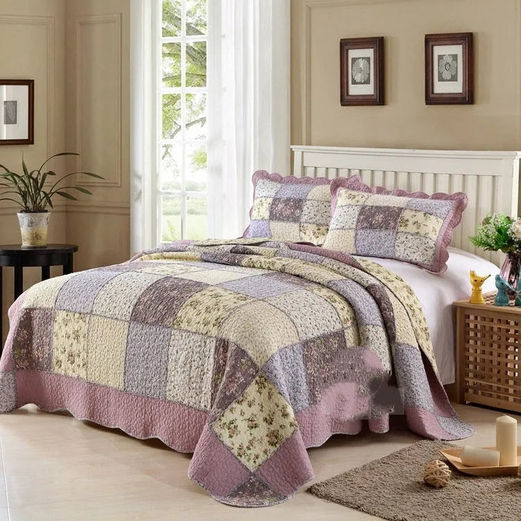 Washed pure cotton quilted bedspread and pillowcase set in a Korean style, showing textured non-slip surface.