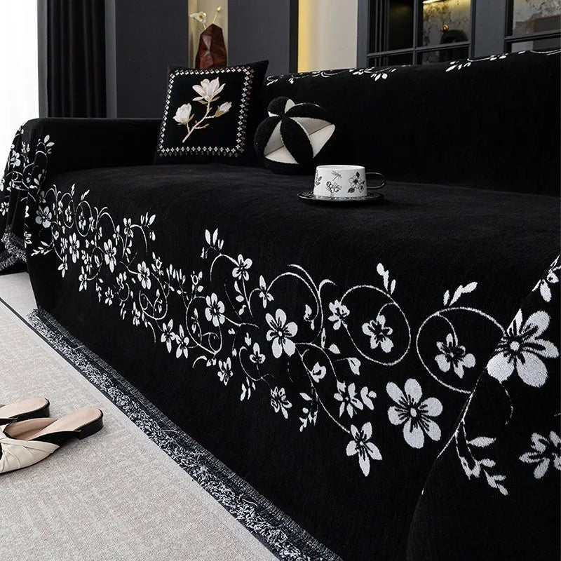 Embroidered magnolia chenille sofa cover in Garland black, simple style, 180X130cm size