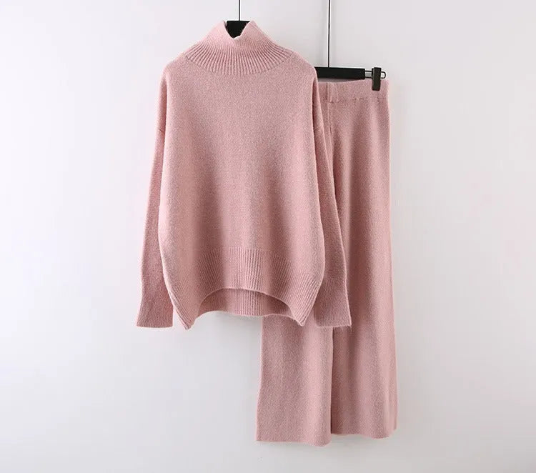 Women's beige acrylic long-sleeve sweater and wide-leg trousers two-piece casual set.