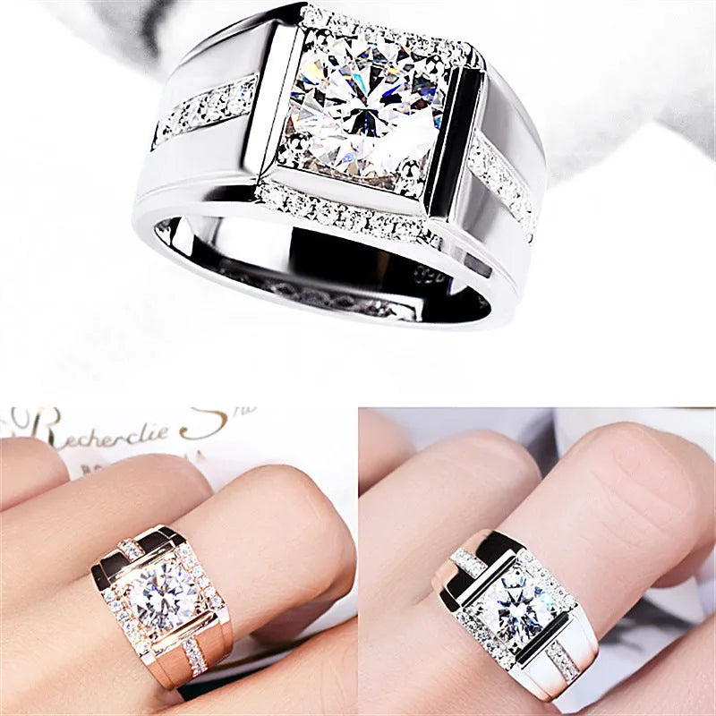 Men's geometric imitation moissanite ring with an adjustable open mouth band in a rose gold finish.