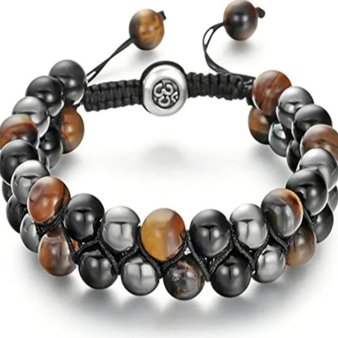 Men's double-layer woven tiger eye stone bracelet with bright magnetic clasp, blue yellow colourway