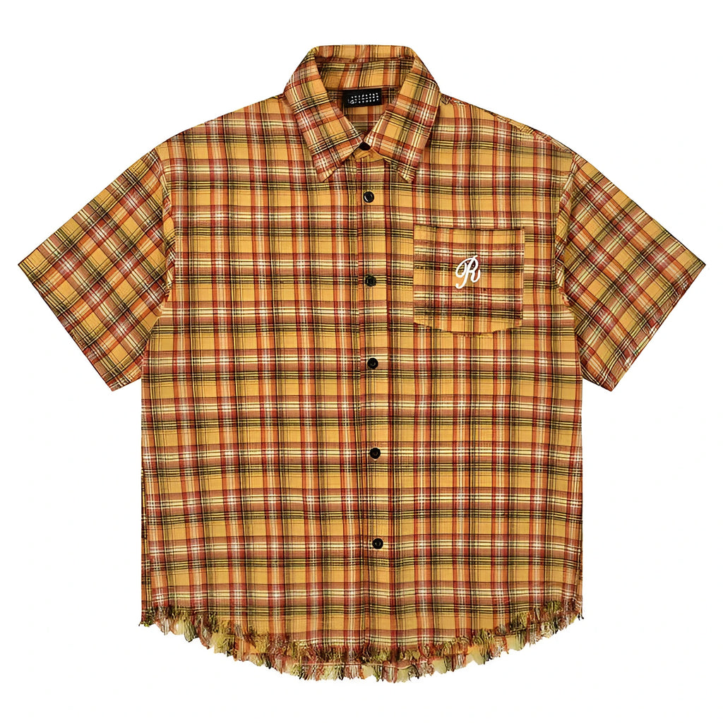 Yellow grid pattern short sleeve plaid shirt with embroidered pocket detail in loose fit