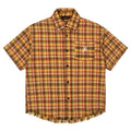 Yellow grid pattern short sleeve plaid shirt with embroidered pocket detail in loose fit