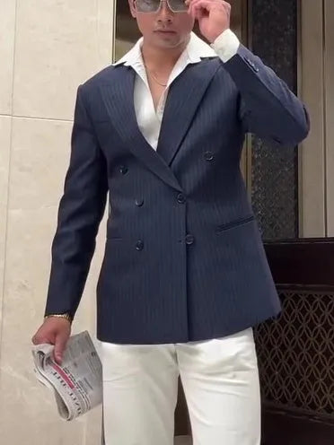 Men's striped double-breasted polyester blazer showing classic design and regular fit