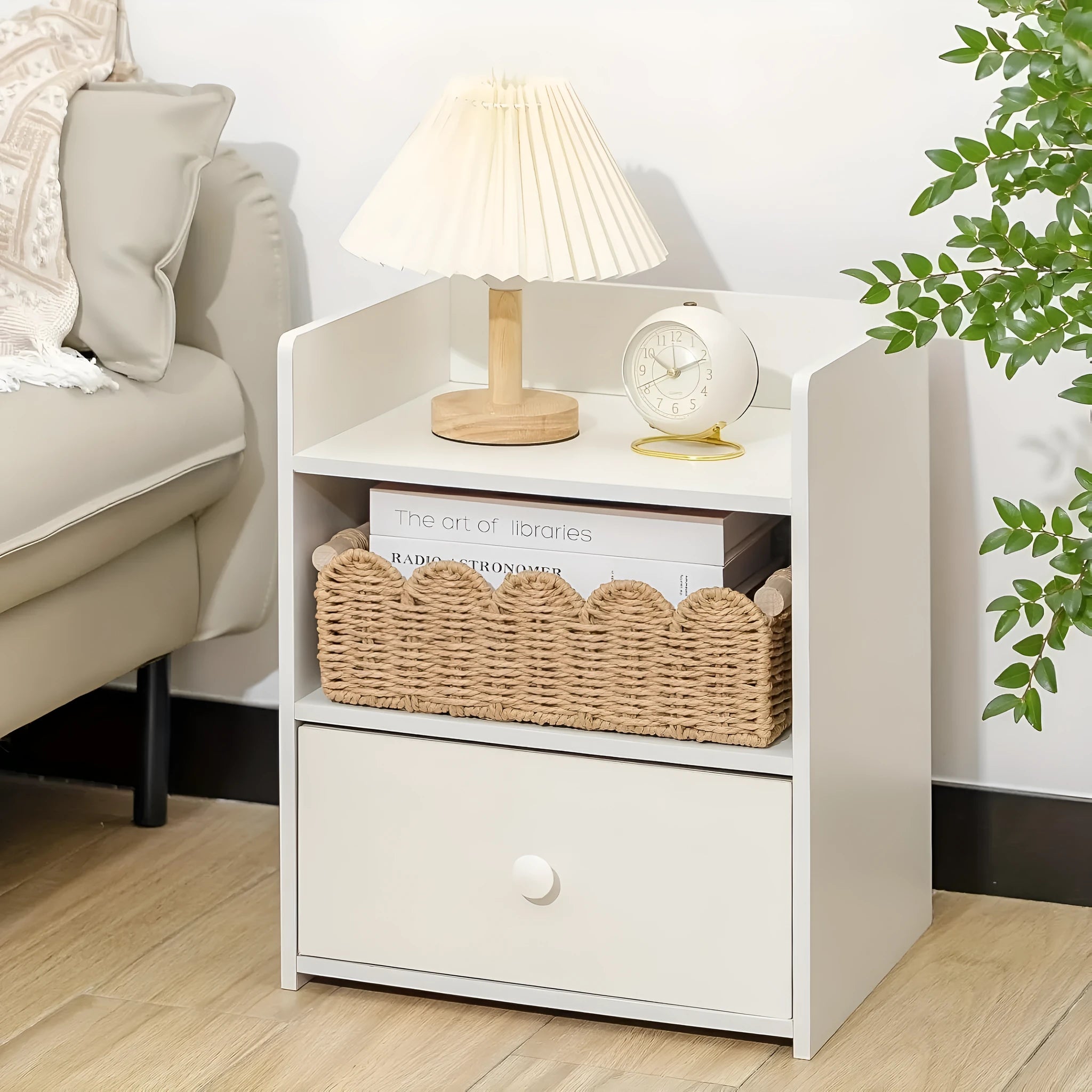 Rectangular woven paper storage basket in modern style measuring 35.5cm long for desktop organisation
