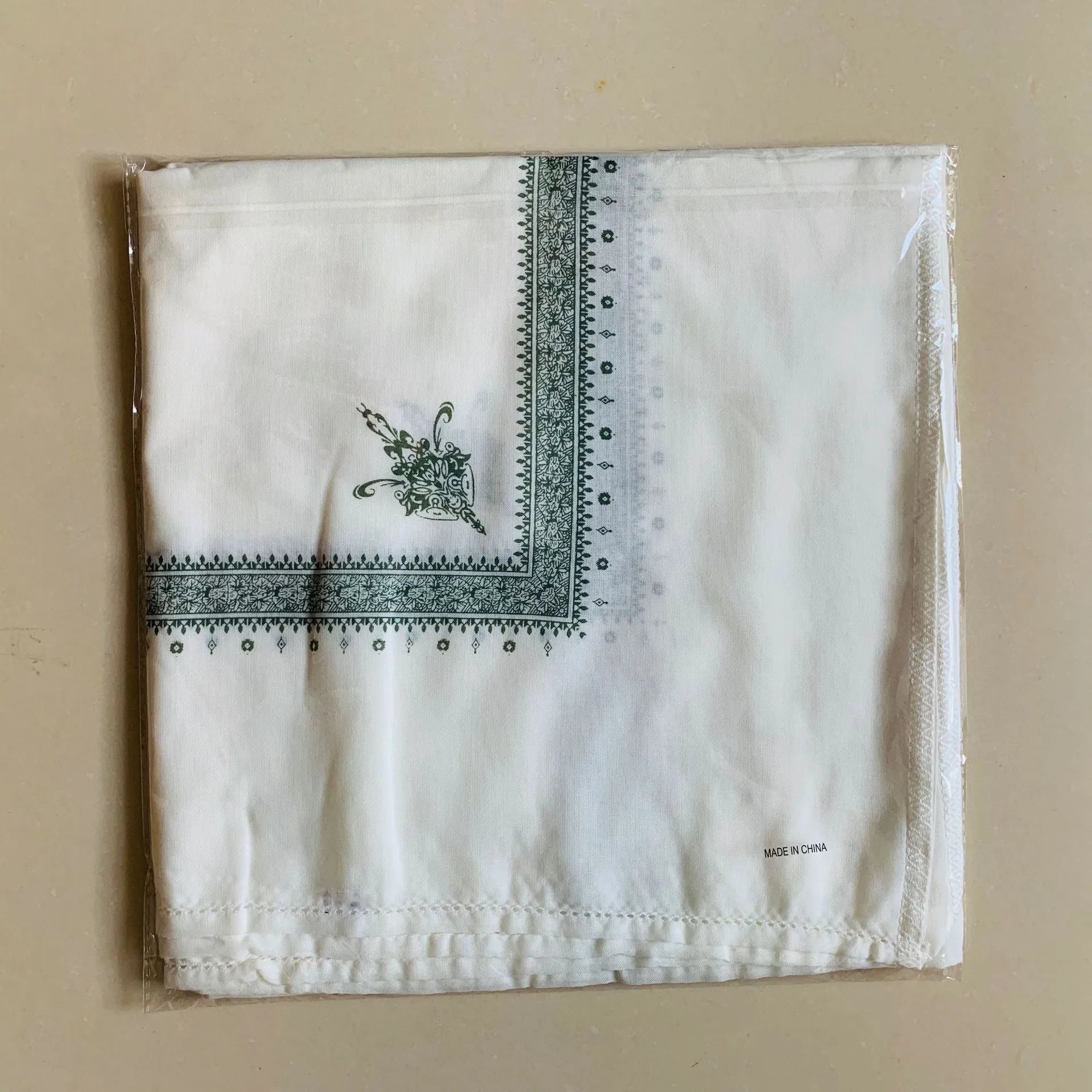 Printed square polyester scarf showing 138cm dimensions and printed pattern design in available colours