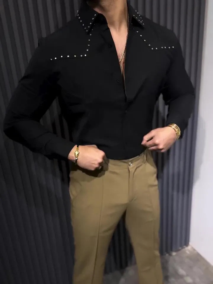Black button-down collar shirt in regular fit polyester, front view, sized S to 3XL