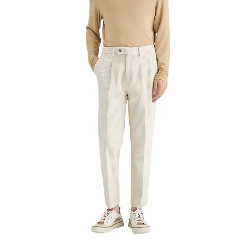 Men's straight-leg corduroy trousers in loose fit, shown in beige colour