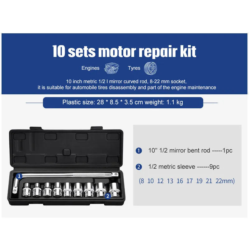 Chromium vanadium steel socket ratchet wrench set with multiple sockets in a case.