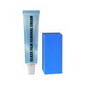 Blue car glass oil film remover and sponge brush on a white background.