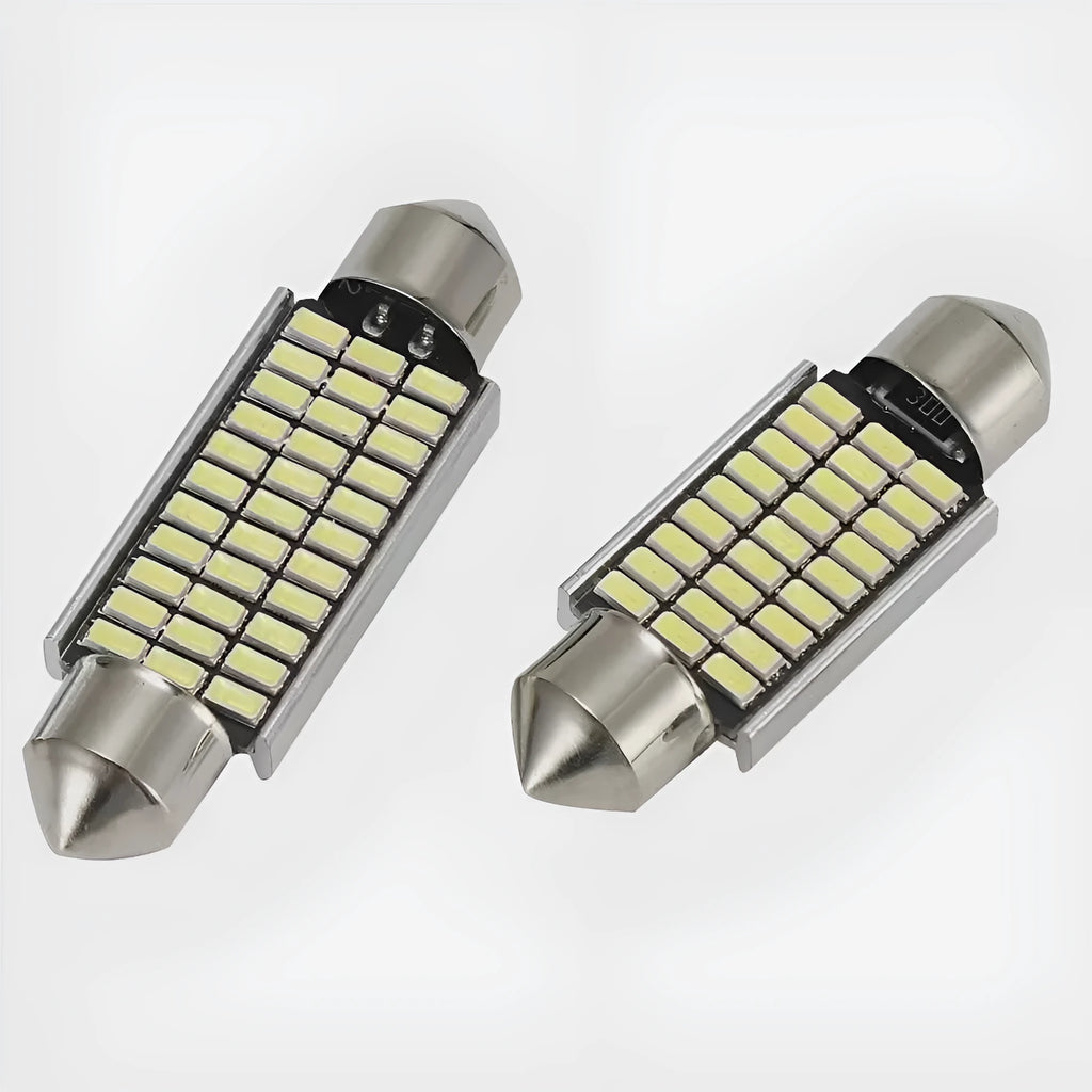 White aluminium double-tip car interior roof light for reading and license plate illumination.