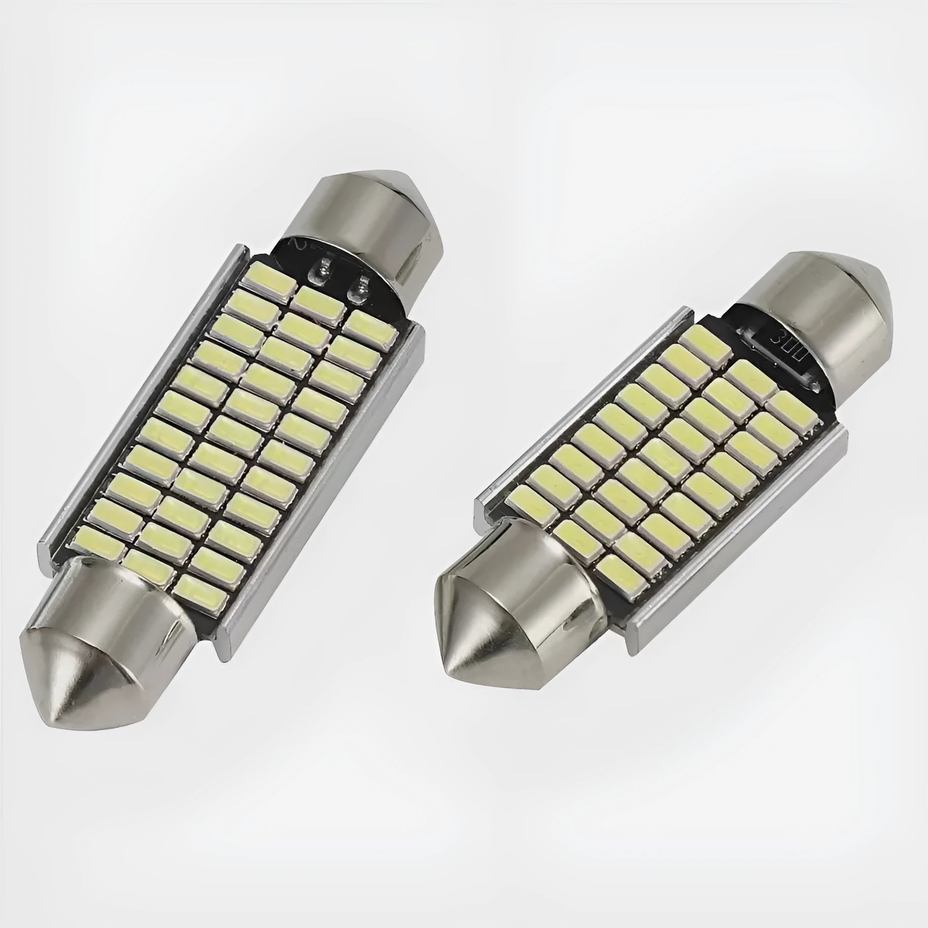White aluminium double-tip car interior roof light for reading and license plate illumination.