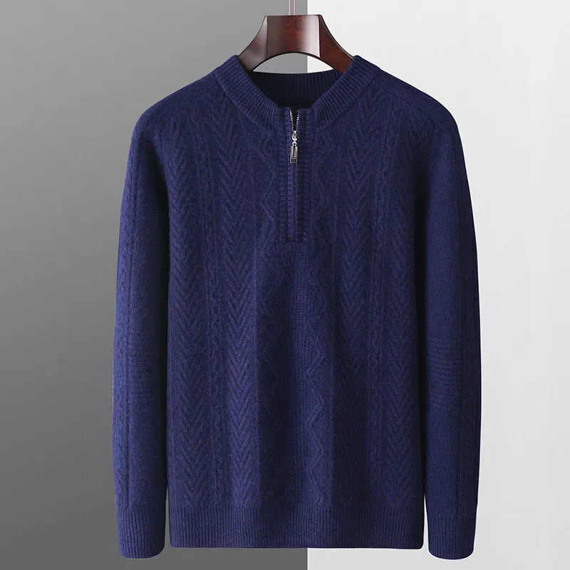 Men's pure wool diamond pattern half zip sweater in camel colour with lattice knit texture