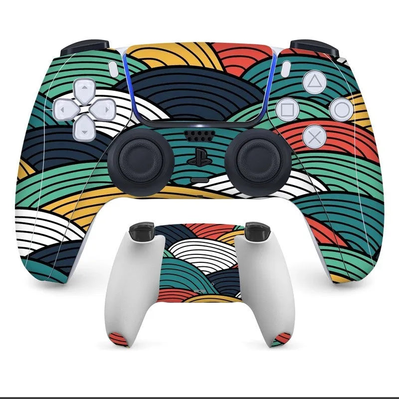 PS5 controller protective sticker kit showing front and back skins in one of eight available styles.