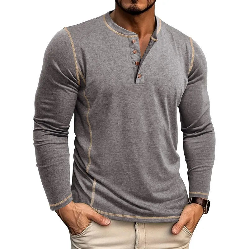 Men's cotton blend Henley shirt with four-button top, slim fit, available in blue, sizes S to 3XL