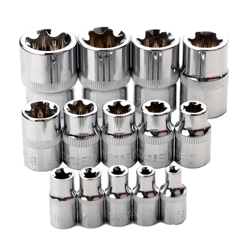 14-piece E-type socket set in red box, chrome vanadium steel, for auto repair and mechanical use