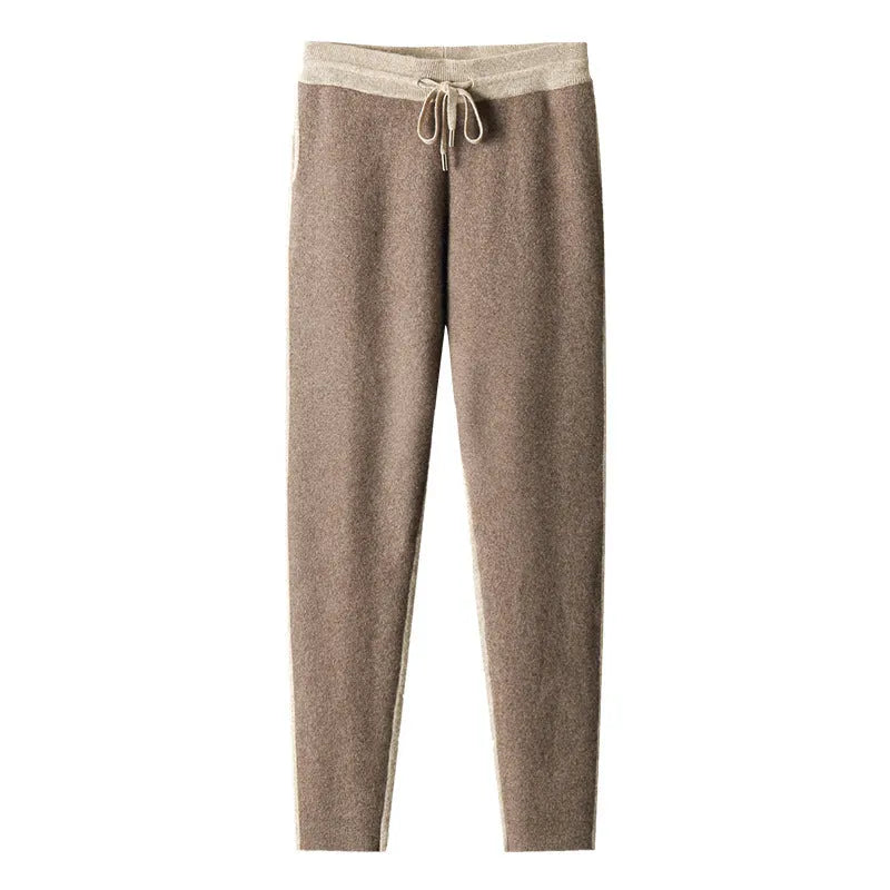 Men's camel coloured cashmere wool blend knitted cardigan suit with half turtleneck zip-up top and matching trousers