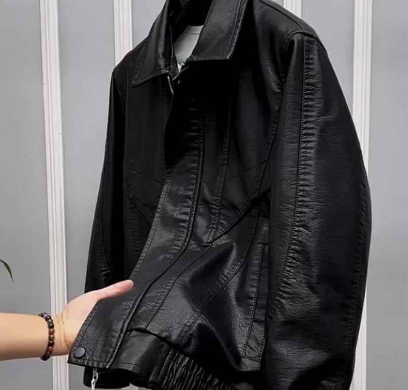 Men's waterproof PU leather lapel jacket in black with loose fit and drawstring sleeves