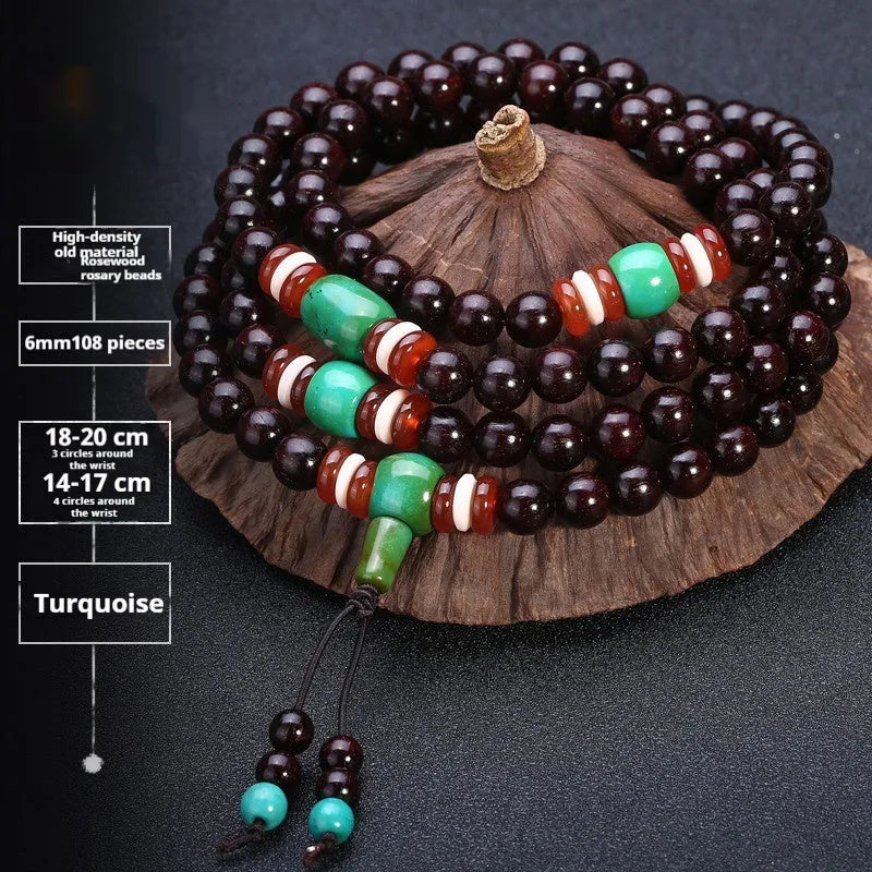Men's rosewood bead bracelet with 108 beads, shown in a choice of lapis lazuli, turquoise, or red agate styles.